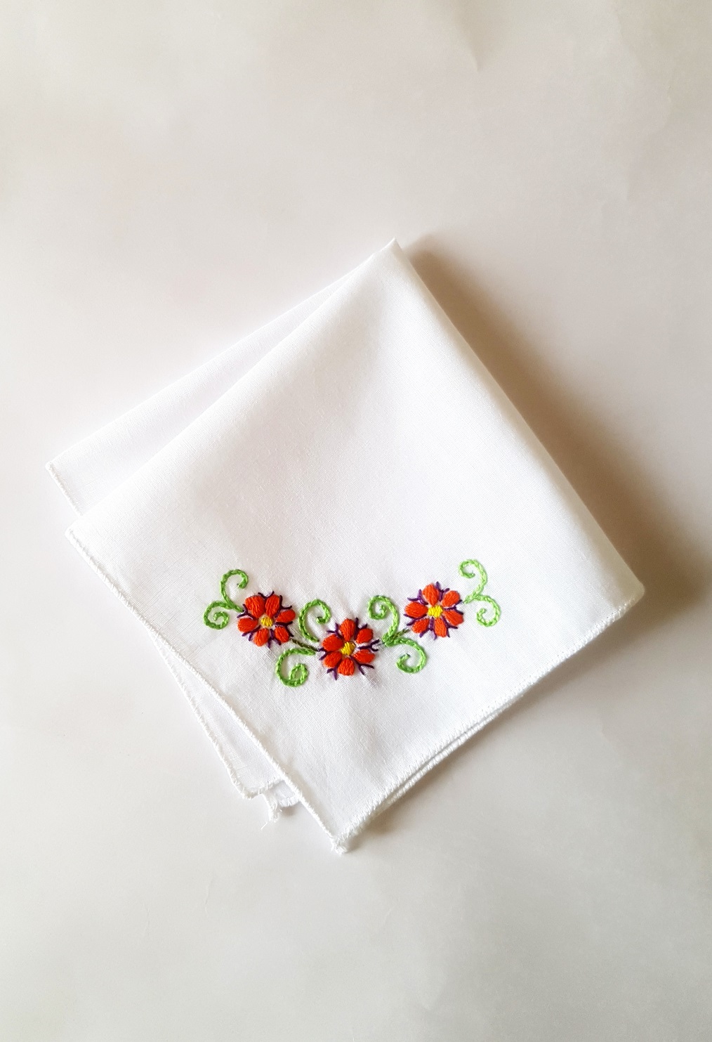 Red Floral Vines Embroidered on Cotton Kerchiefs